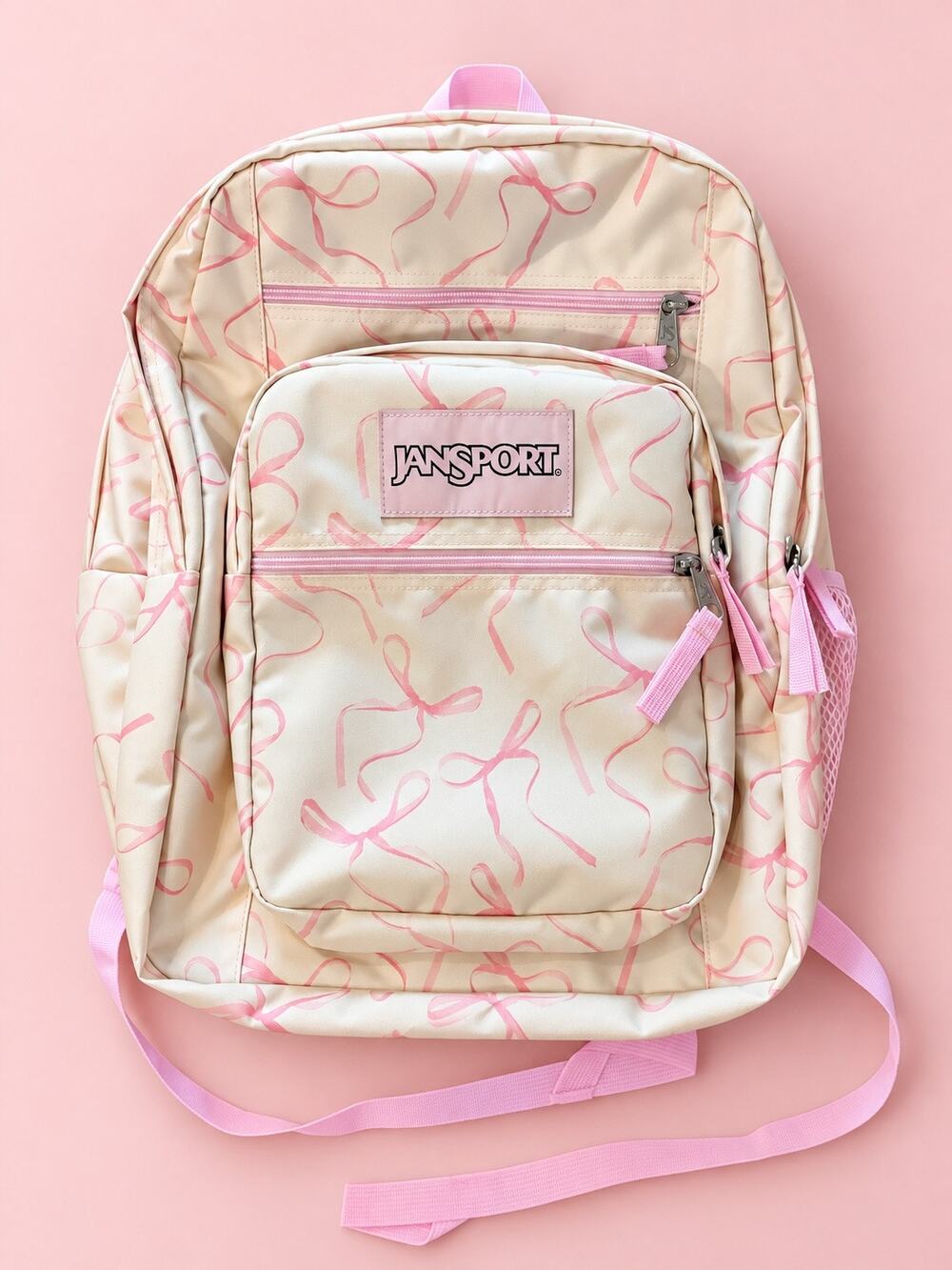 JanSport Big Student Cream & Pink Bow Print Backpack Coquette Preppy NWOT
